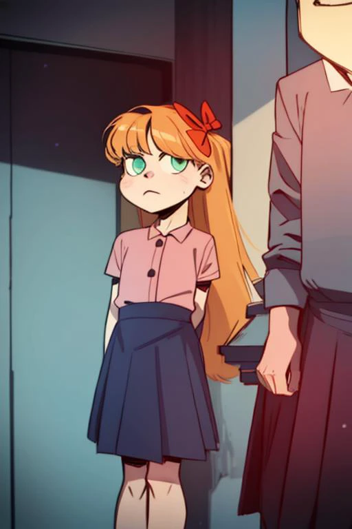 anime girl with red hair and blue skirt standing next to a man