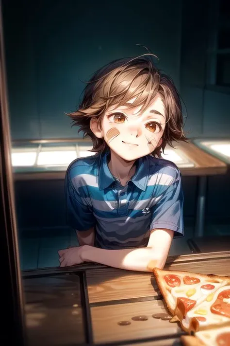 there is a young boy sitting at a table with a slice of pizza