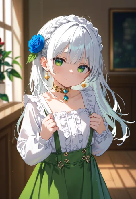 anime girl with white hair and green dress holding a blue rose