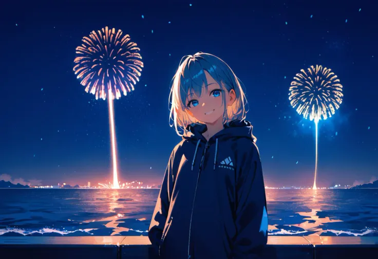 a girl standing in front of fireworks on the beach