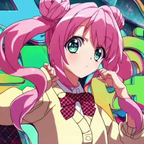 zPDXL <lora:HakoniwaYuragi_pxl:1> hakoniwayuragi, score_9, source_anime, hakoniwa, pink hair, hair bun, 1girl, twintails, looking at viewer, plaid bow