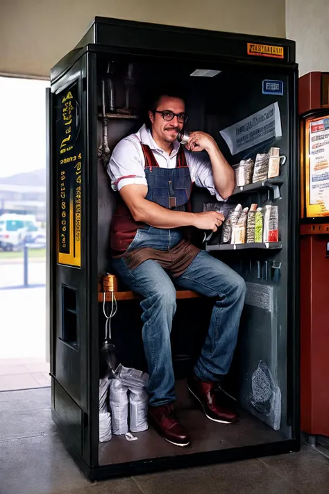 <lora:WorkInVendingMachine_V1d:0.9>, a man sitting inside a coffee vending machine, (WorkInVendingMachine:1.1), very tight space, (masterpiece:1.2) (photorealistic:1.2) (bokeh) (best quality) (intricate details) (8k) (HDR) (analog film) (canon d5) (cinemat...