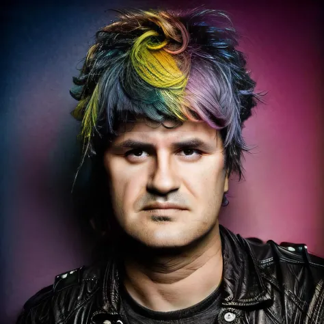 portratit photo of man (ciro:1) with leather jacket, ((rainbow punk haircut)), blurred background, (masterpiece),  detailed face, sharp focus, <lora:ciro:1> <lyco:locon_perfecteyes_v1_from_v1_64_32:0.80> <lora:add_detail:1.2>