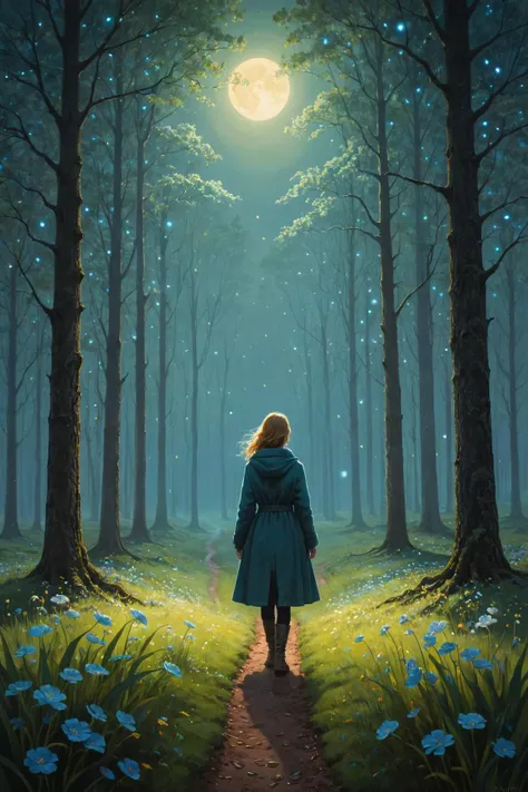 a woman walking down a path in the woods at night