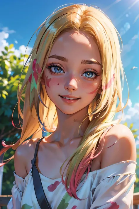 mina, long hair, eyelashes, half-closed eyes, facepaint, collarbone, oversized white shirt, off shoulder,looking at viewer, smiling, portrait, outside, blue sky, high quality, masterpiece  <lora:mina_(pokemon)_v1:.7>