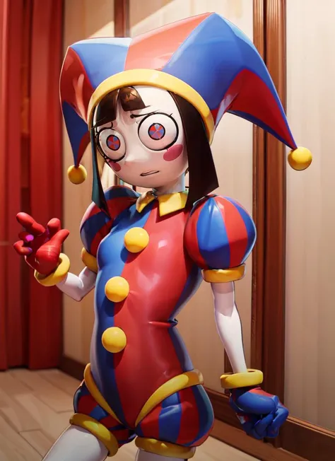 ((best quality)), ((highly detailed)), masterpiece, , (1girl), (solo), propped up on one hand (standing), <lora:pomni:.8>, pomni, brown hair, (symbol-shaped pupils:1.1), blush stickers, clown, small breasts, hat, jester cap, multicolored headwear, puffy sl...