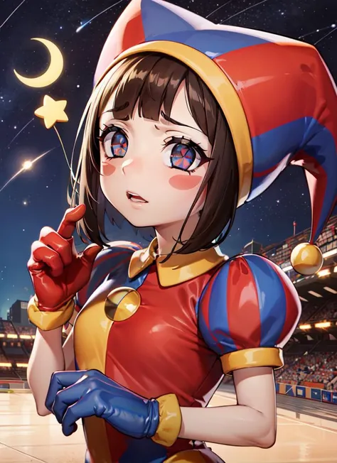 ((best quality)), ((highly detailed)), detailed face, beautiful face, , (1girl), (solo), dynamic angle, dynamic pose, upper body, <lora:pomni:.6>, pomni, brown hair, (symbol-shaped pupils:1.1), blush stickers, clown, mediumbreasts, hat, jester cap, multico...