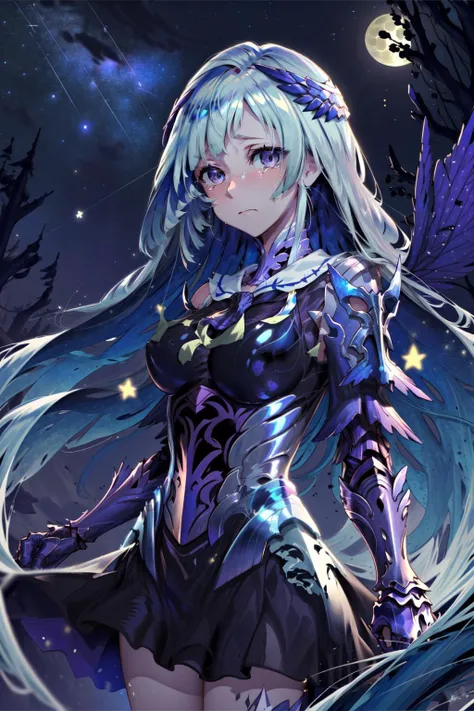 masterpiece,best quality,1girl,mature female,brynhildr (fate),FGOLancer,ValkyrieArmor,expressionless,tears,starry sky,(full moon),cowboy shot,<lora:FGOBrynhild:0.8>,