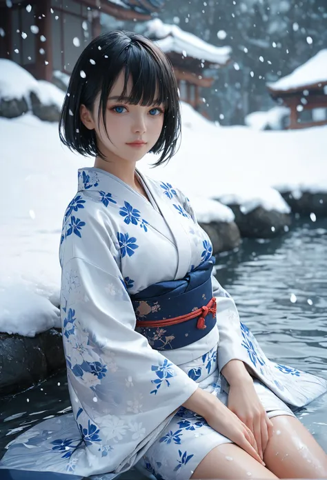 score_9, score_8_up, score_7_up, 1girl, solo, looking at viewer, short hair, bangs, blue eyes, black hair, long sleeves, sitting, closed mouth, outdoors, japanese clothes, wide sleeves, kimono, water, sash, obi, floral print, snow, snowing, white kimono, p...