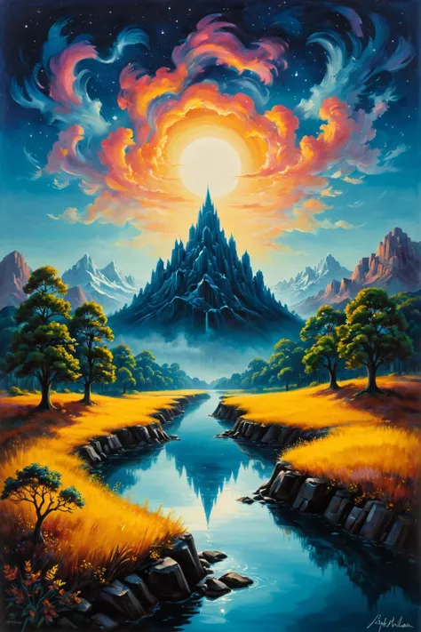 a painting of a mountain landscape with a river and trees