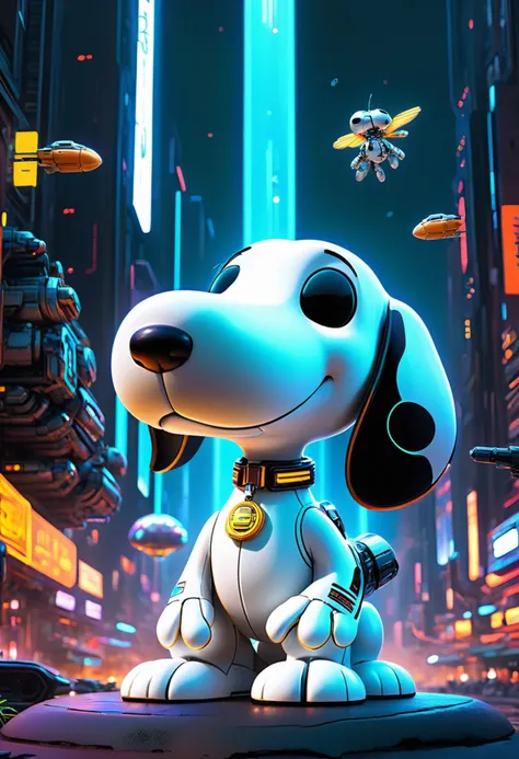 breathtaking sci-fi style concept art highly weaponized hyperrealistic adorable cyborg snoopy with bright glowing energy parts in a futuristic cyberpunk world . digital artwork, illustrative, painterly, matte painting, highly detailed . futuristic, technol...