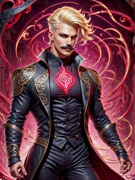 magic male, full body, pencil mustache, blonde high fade hair, strong jaw, concentrated eyes, crimson, magical maze in background, 
 <lora:FaeTastic:0.55>