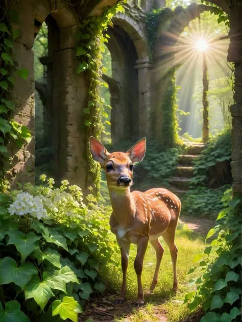 morning walk in the forest, sun rays, 8k, 1 fawn, light sparkling eyes <lora:treebark-SDXL-s-exp:0.7>, flowers, ivy,old ruins, long focus <lora:FaeTastic:0.7>