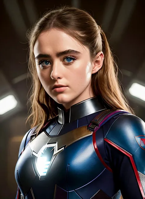 portrait of Kathryn Newton, superhero suit, black hair, serious look, epic (photo, studio lighting, hard light, sony a7, 50 mm, matte skin, pores, colors, hyperdetailed, hyperrealistic) <lyco:Kathryn Newton:1.2>