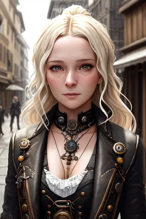 photo of morfyddclark, a woman walking down the street, (((front to camera))), detailed european face, ((((aspiring facial expression)))), (((steampunk style close))), ((steampunk city on the background)), RAW, analog style, ultra detailed photograph, cine...