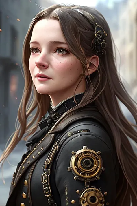 photo of morfyddclark, a woman ((((rushes extra rapidly)))) down the street, (((front to camera))), detailed european face, ((((aspiring facial expression)))), (((steampunk style close))), ((steampunk city on the background)), RAW, analog style, ultra deta...