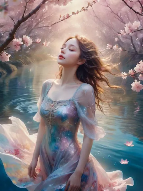 detailed face,

(Lost in the dreamscape) (Navigating the realm of dreams) (Whimsically artistic) 

she lies deep in the water looking up at the sky, the water shimmers and distorts our view of her, but she never takes her eyes off us, cherry blossom,

over...