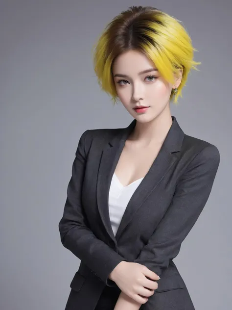 1girl, perky breasts, Lemon yellow Messy Quiff with Tapered Sides, open jacket,
(masterpiece, best quality),