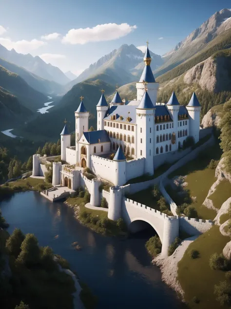 (huge sacred European castle on the mountains: 1.3), surrounded by many small villages, castles and mountains with many (waterfalls of different sizes),(the castle is composed of white brick walls), with gold paint on them, very gorgeous and noble, very co...