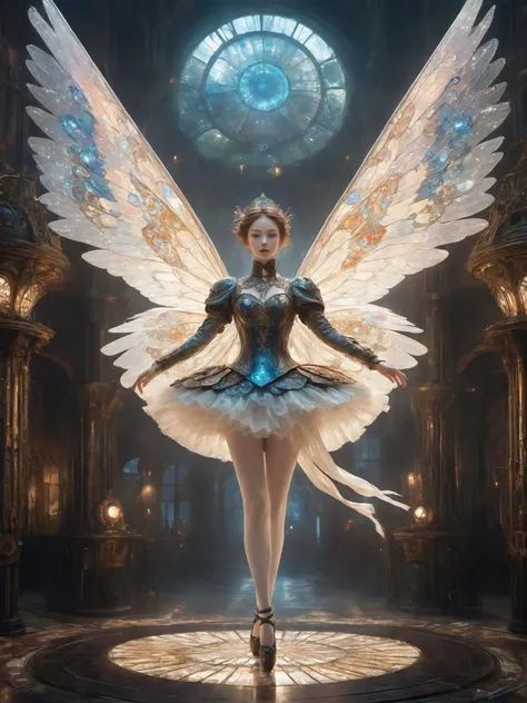 dreamscape An exquisite and breathtaking painting captures a delicate figurine, a porcelain ballerina, beautiful woman. The full-body standing figure appears to be suspended on a glowing pedestal, her light sparkling eyes seemingly alive with energy. Her i...