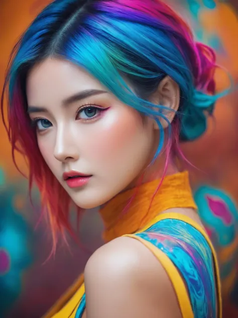 (otherworldly beauty), expressionist sexy girl in her 20s, perky breasts, (upper thighs shot:1.3), sexy pose, colorful tattoo, raw, emotional, dynamic, distortion for emotional effect, vibrant, use of unusual colors, detailed,