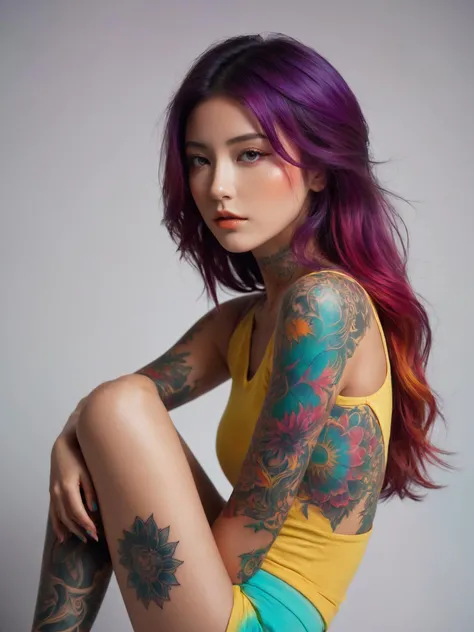 (otherworldly beauty), expressionist sexy girl in her 20s, perky breasts, (upper thighs shot:1.3), sexy pose, colorful tattoo, raw, emotional, dynamic, distortion for emotional effect, vibrant, use of unusual colors, detailed,