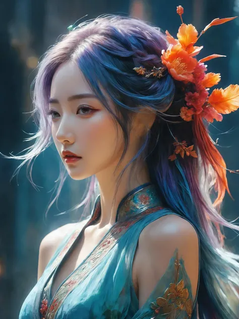 <(Digital watercolor Illustration of a (oriental beauty), by JB, Waterhouse, Carne Griffiths, Minjae Lee, Ana Paula Hoppe, Stylized watercolor art, Intricate, Complex contrast, HDR, Sharp, soft Cinematic Volumetric lighting, flowery pastel colours, wide lo...