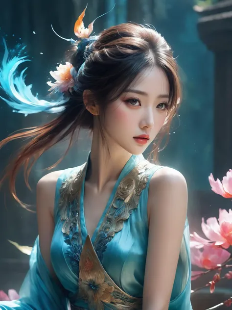 <(Digital watercolor Illustration of a (oriental beauty), by JB, Waterhouse, Carne Griffiths, Minjae Lee, Ana Paula Hoppe, Stylized watercolor art, Intricate, Complex contrast, HDR, Sharp, soft Cinematic Volumetric lighting, flowery pastel colours, wide lo...