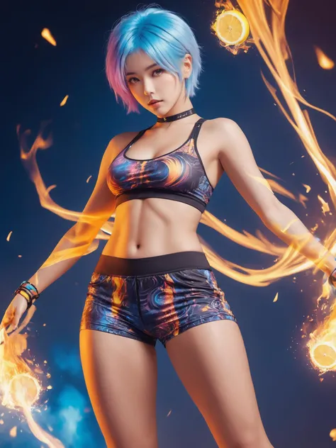 xxmixgirl, 1 girl, sexy, female fighter, (huge breasts:1.3), (lemon yellow Messy Quiff with Tapered Sides), (sports bra, tight sports shorts), (colorful colors tattoos:1.3), (fractal art), (upper thighs shot:1.3), intimidating presence, ((exaggerated muscl...