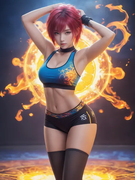 xxmixgirl, 1 girl, sexy, female fighter, (huge breasts:1.3), (lemon yellow Messy Quiff with Tapered Sides), (sports bra, tight sports shorts), (colorful colors tattoos:1.3), (fractal art), (upper thighs shot:1.3), intimidating presence, ((exaggerated muscl...