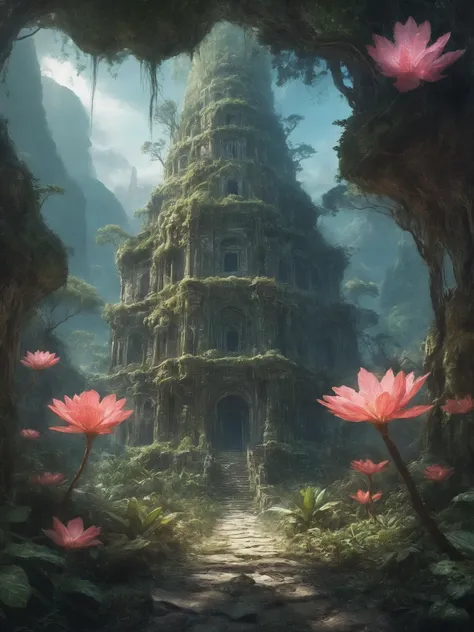 Concept Art,(masterpiece:0.3) high detailed,bright natural lighting,shadows,high contrast,a tropical Forest in alien planet,two big moons in sky,Old civilization ruins,seeing (mythical alien  not on earth plantations Neon lights on Flower kind plants) Tree...