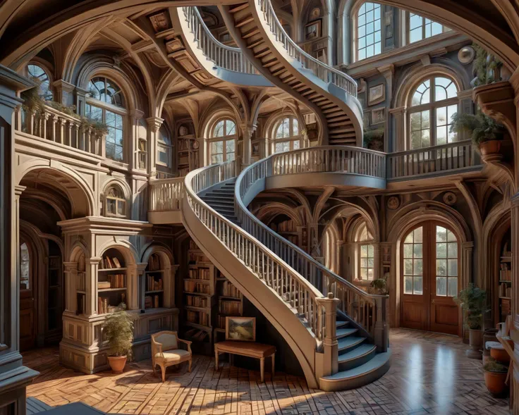 Photography, masterpiece, 8k, uhd, masterpiece, photorealism, 

surrealistic fantasy house, Escher style, created as if in miniature, stairways twisting and connecting in bizarre and unexpected ways, 