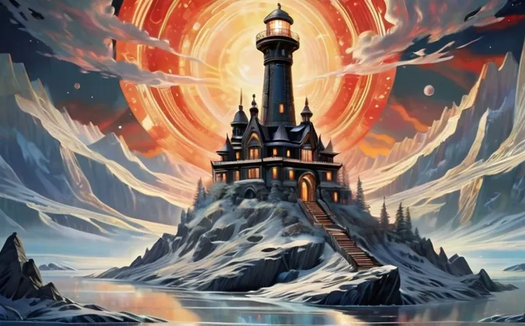 very beautiful insanely detailed image of glowing tundra giant futuristic metallic lighthouse in silver and black, beautiful silver field, bright dark silver ornate planet, by sue bryce,alan kenny,alphonse mucha,marc simonetti, very Complex perfect elegant...