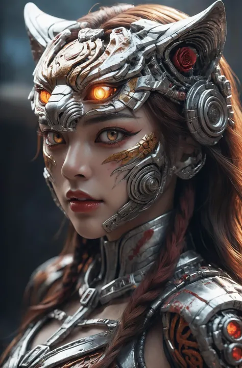 1 only use metal to make tigress, open mouth with bloods, cyborg, (intricate details), hdr, (intricate details, hyperdetailed:1.2), cinematic shot, ((Masterpiece, high quality, best quality, official art, beautiful and aesthetics, detailed face, detailed e...