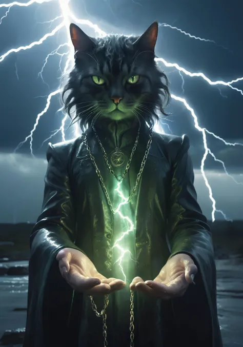 surrealism,Cthulhu,cat,(detailed light),((lightning in hand)),lightning surrounds,(((lightning chain))),