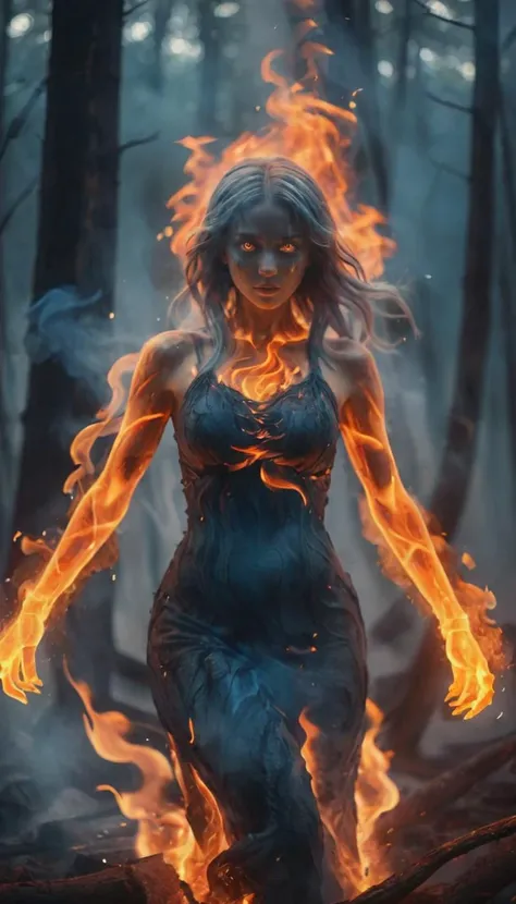 (fire element:1.1),composed of fire elements,(1girl:1.3),<lora:xl-shanbailing-1003fire-000010:0.75>,
highly detailed,masterpiece,malicious fire elemental emerges from (burning forest:1.2),evil eyes,trees on fire and rising smoke background,faint blue hue,s...