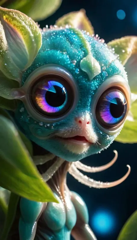 Majestic wildlife photography,astrobiology,a cute alien creature,furry,iridescent bioluminesence,giant eyes,unusual anatomy,ethereal,hoya flowers,