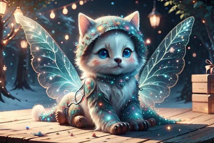 a close up of a cat with a fairy wings on a wooden platform