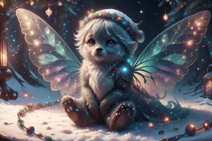 a close up of a cat with a fairy wings sitting in the snow