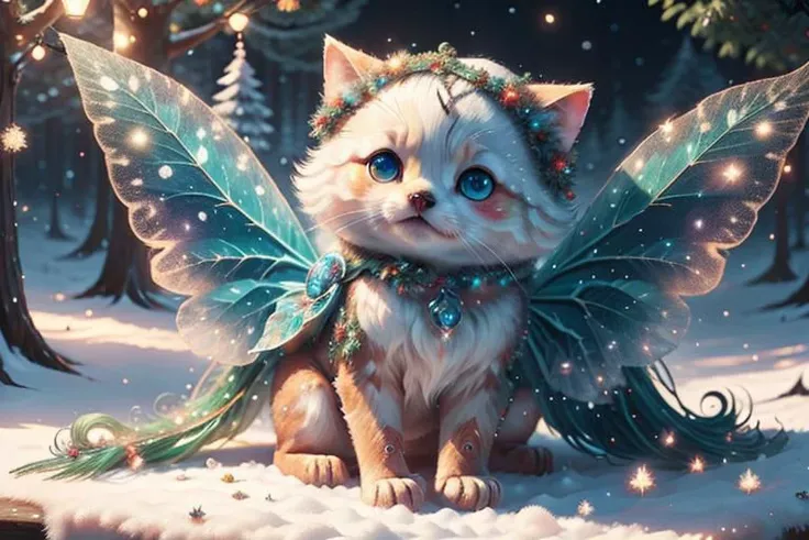 there is a cat with a fairy wings sitting in the snow