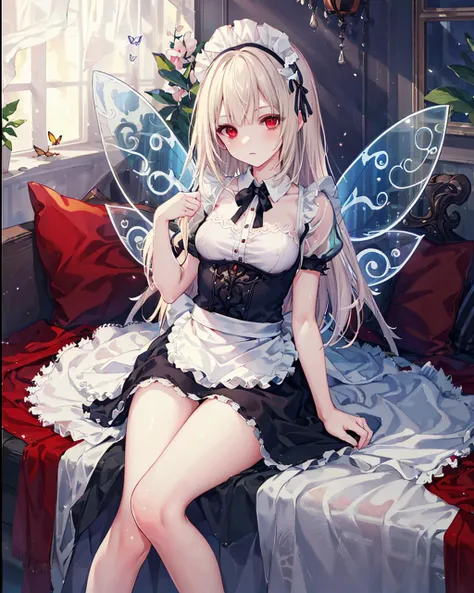 anime maid with fairy wings sitting on a bed in a room