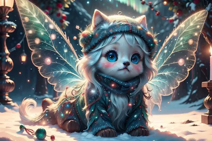 a close up of a cat with a fairy costume on sitting in the snow