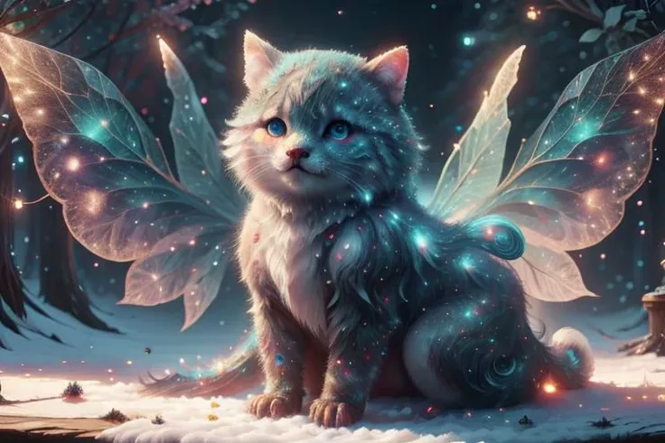 a close up of a cat with wings sitting on a snow covered ground