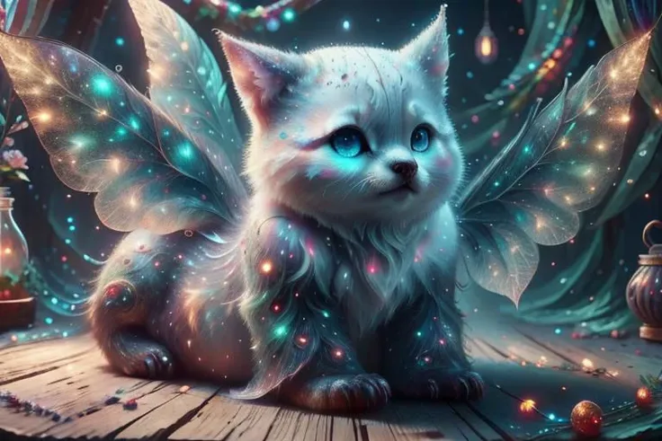 a close up of a cat with a fairy wings on a wooden floor