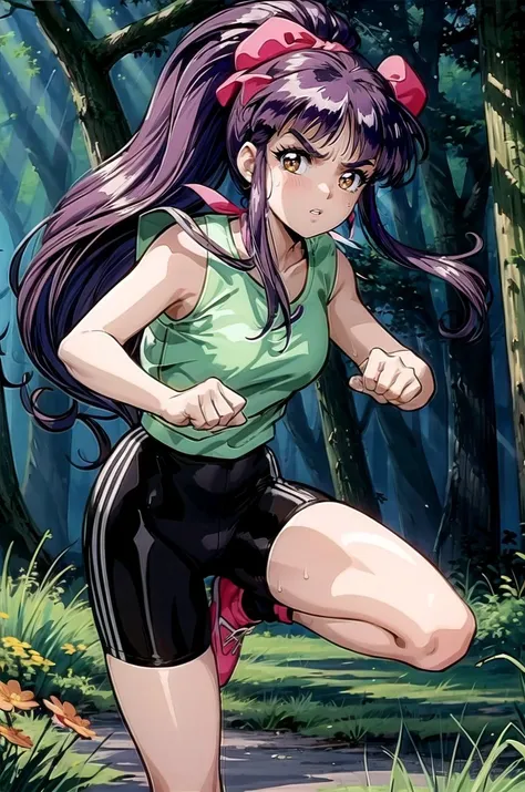 (masterpiece, best quality, detailed), 1girl, solo, looking at viewer, mikomid, 1990s (style), retro artstyle,
sportswear, sports bra, sweat, tight clothes, bike shorts, outdoors, forest, nature, grass, tree, flower, leaf, sunlight, light rays, fighting st...