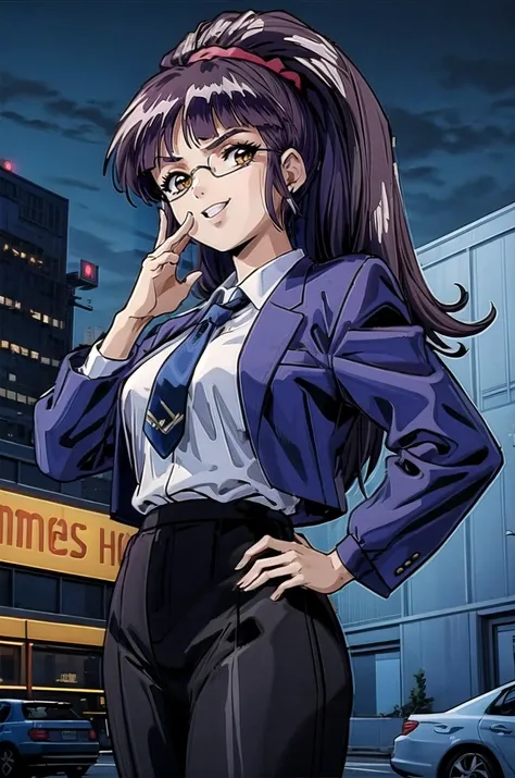 anime girl in business attire standing in front of a building