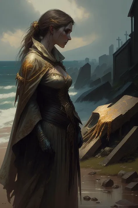 AJAWS, concept art of an urgent meting at the banshee guild graveyard overlooking crashing waves, gold on white silk fabric <lora:15_AJAWS:0.5>