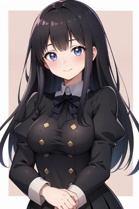 masterpiece, best quality, highres, (black delmo uniform:1.3), jacket, puffy sleeves, long hair, blush, smile, upper body, <lora:Delmo_Uniform:0.8>