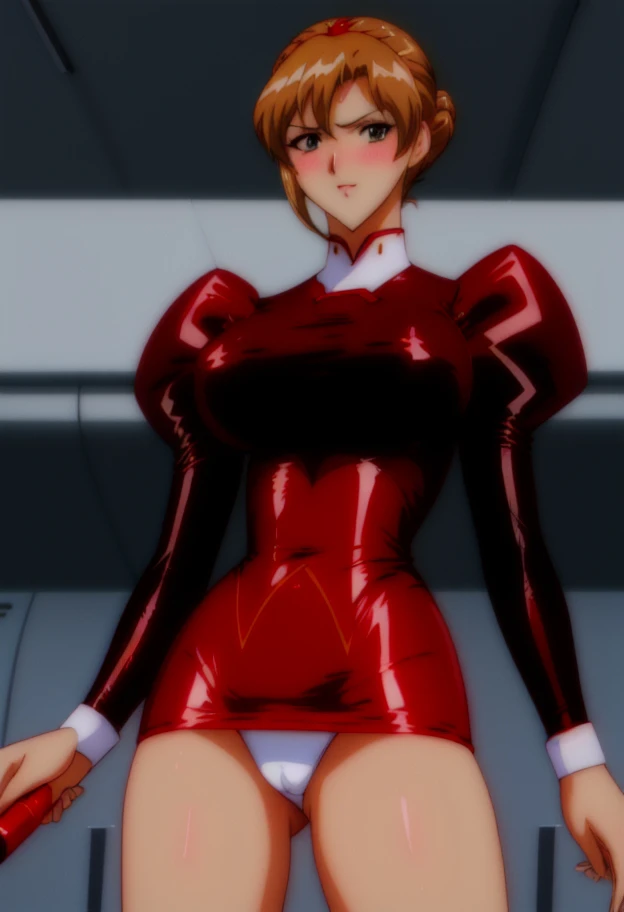 high quality, extremely detailed, perfect face, close up, (Aika_Sumeragi), ((dark blonde hair, updo)), (red delmo uniform, red pencil skirt, glossy latex), long puffy sleeves, large breasts, yacht deck, (brainwashed, dazed in a trance, blurred eyes), blush...