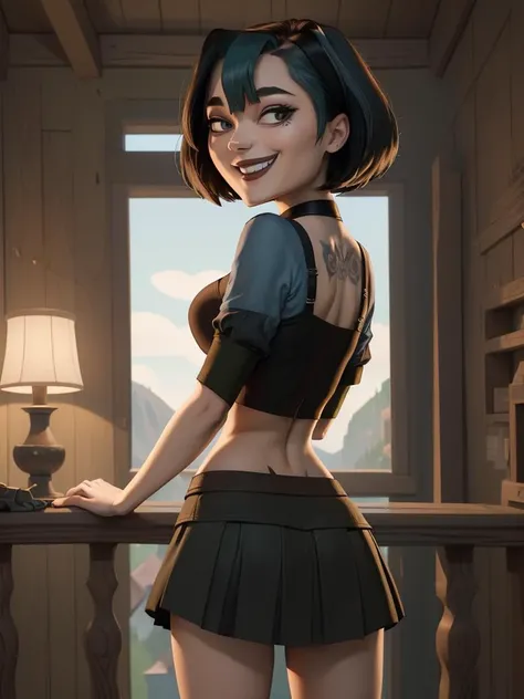 ((masterpiece,best quality)), absurdres, <lora:Gwen_Total_Drama:0.7>, Gwen_Total_Drama, goth, midriff, smiling, skirt, solo, smiling, looking at viewer, cowboy shot, from behind, cinematic composition, contrapposto,